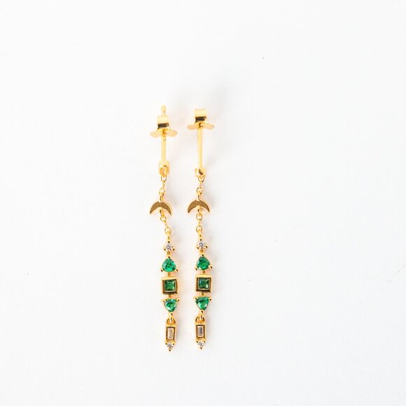 Gorgeous Dangle Earrings Gold w/Green Zircon Moon Celestial Jewelry BEAUTIFUL - Picture 9 of 13